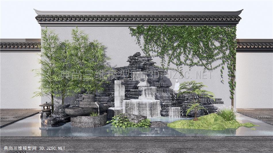 新中式假山水景 跌水景观 叠水 流水水钵小品 庭院园艺景观 马头景墙 蕨类植物 竹子