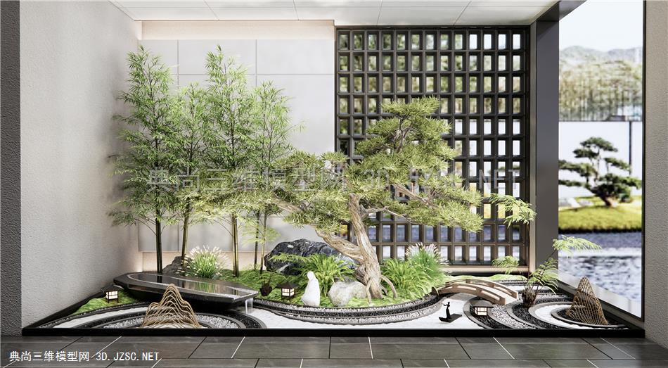 新中式禅意庭院小品 枯山水园艺 石头 室内造景 植物景观 水钵 线形假山 蕨类植物