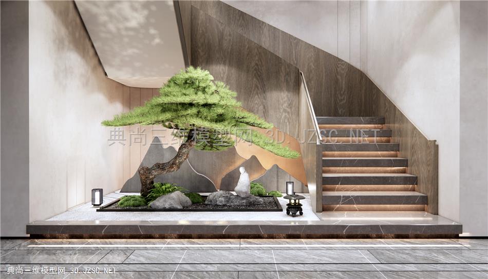 新中式楼梯间庭院小品 室内植物景观 禅意小品 柏松 石头 景石 苔藓球