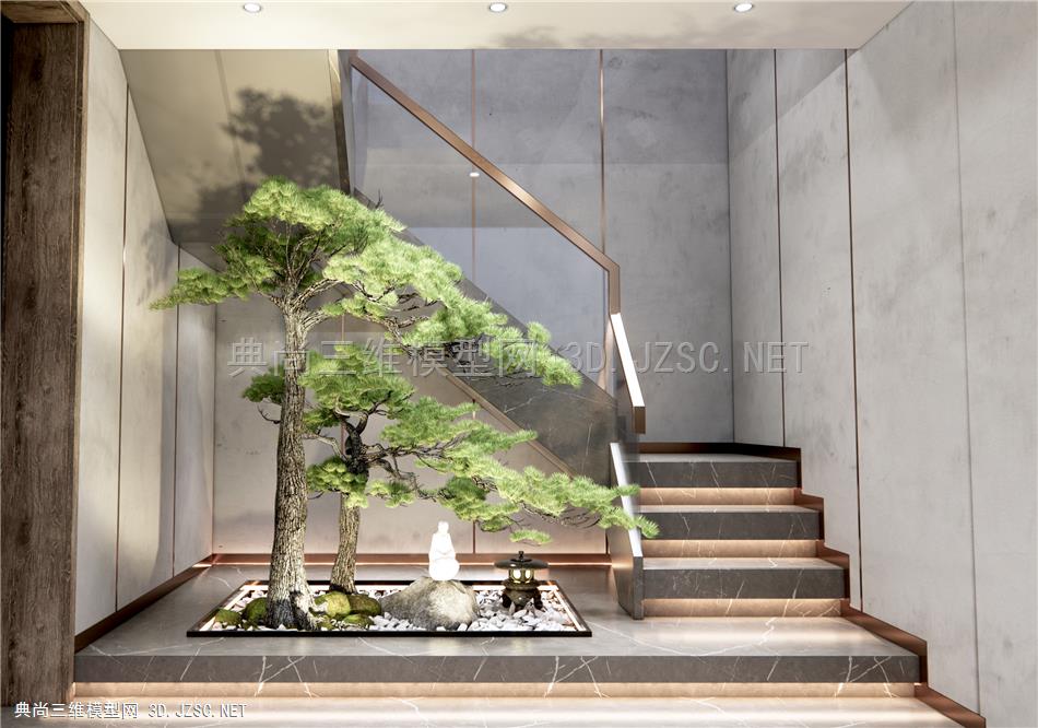 新中式楼梯间景观小品 松树 迎客松 禅意枯山石 室内造景 庭院小品