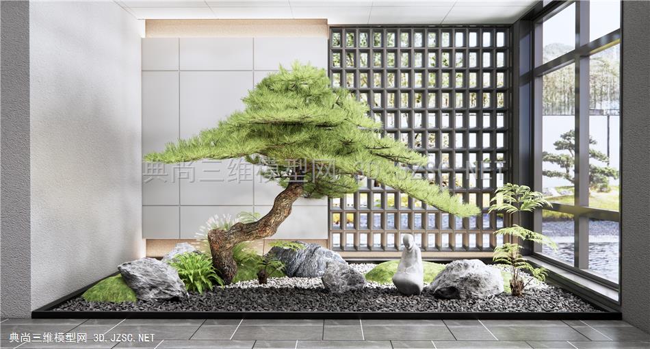 新中式禅意庭院小品 柏松 石头 景石 枯山水园艺 室内造景 植物景观 蕨类植物