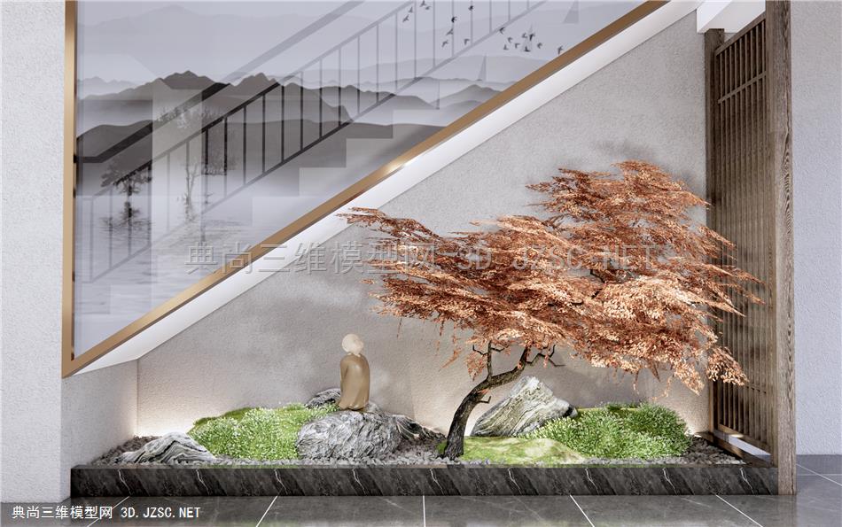 新中式楼梯间景观小品 石头松树 室内景观小品 庭院植物小品 泰山石 苔藓植物