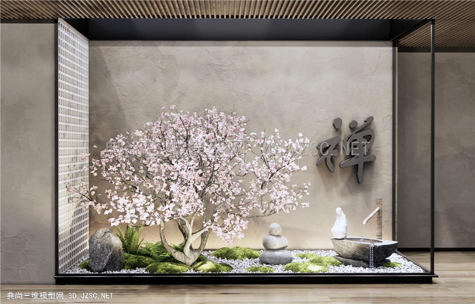 日式山水庭院小品 水钵 禅意景观 樱花树 苔藓植物