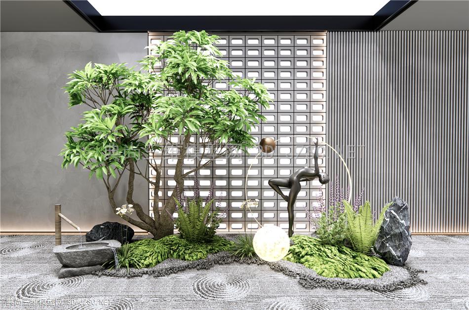 现代庭院植物景观小品 植物堆 雕塑小品 中庭植物造景 水钵 景观树