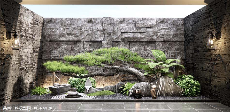 新中式庭院小品 毛石墙 景观石 植物景观 水钵 松树