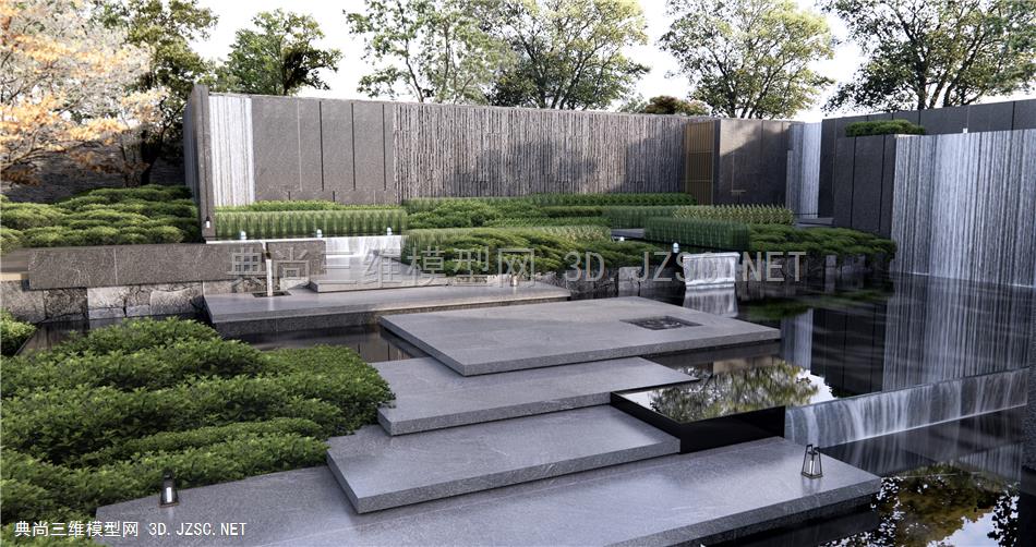 新中式示范区景观 跌水景墙 水景 庭院景观 叠水水景