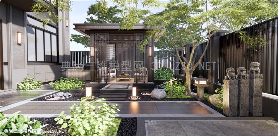 新中式庭院景观 枯山水禅意庭院 亭子 户外沙发 拴马柱 植物景观1