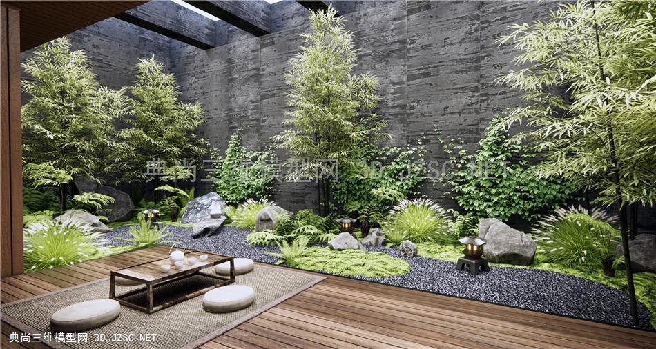 日式庭院景观 天井景观 植物造景 枯山水庭院 景观石 石头 竹子 蕨类植物 花草 茶台1