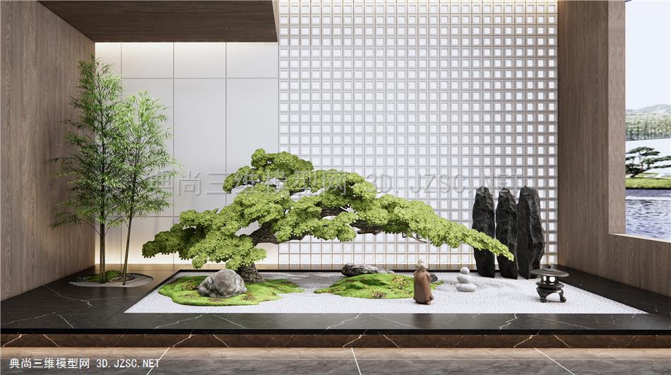 新中式庭院景观小品 室内景观 松树 竹子 苔藓 枯山石 禅意景观 石头1