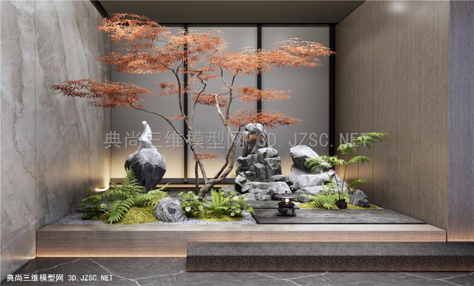 新中式禅意庭院小品 室内景观小品 石头 置石 植物景观 红枫树 蕨类植物 禅意景观