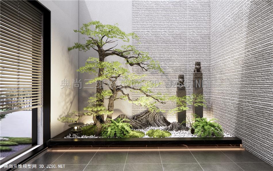 新中式庭院小品 室内景观小品 松树绿植 景观石 禅意小品1