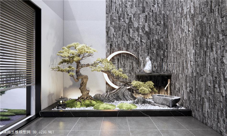 新中式山水庭院小品 松树室内景观小品 景观石 水钵 禅意小品1