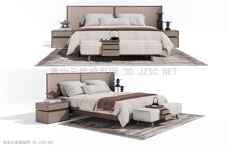 新中式双人床 床头柜 床尾凳 地毯1
