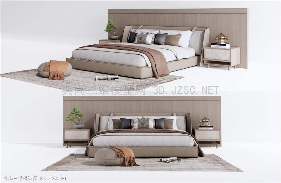 新中式双人床 床头柜 床尾凳1