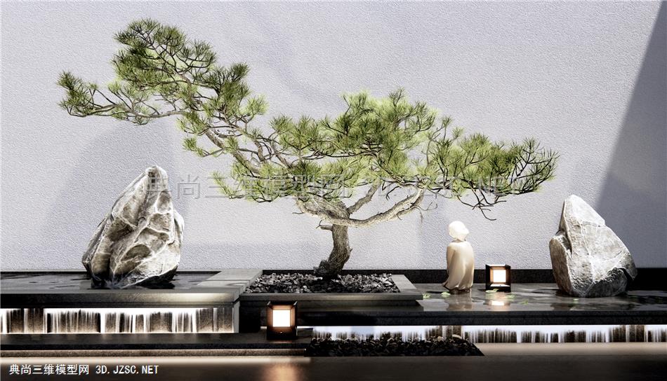 新中式跌水景观 禅意小品 叠水 松树 石头 景观灯 地灯 庭院小品 室内景观小品1