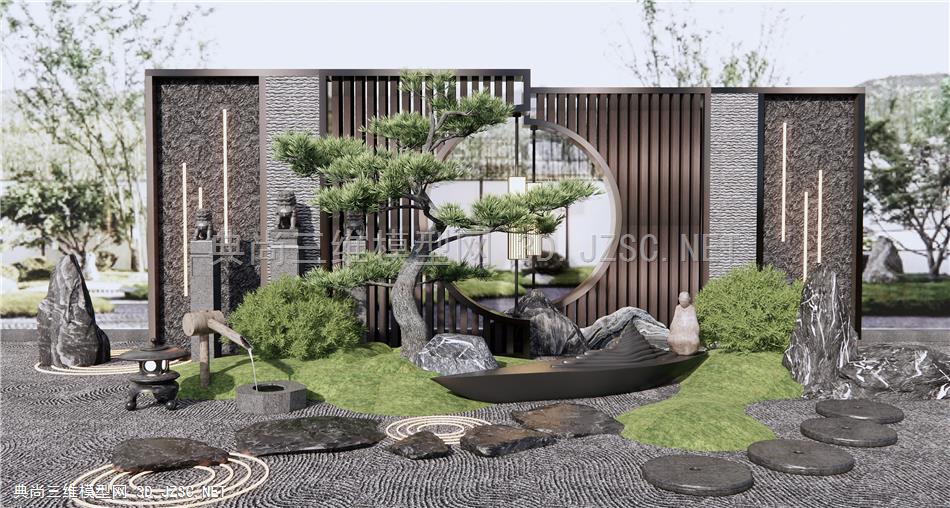 新中式庭院景观小品 景墙 枯山水 石头 雕塑小品 松树 流水小品 汀步石 拴马桩1