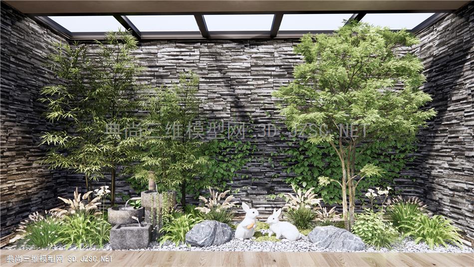 现代庭院景观小品 植物景观 植物堆 花草 竹子 石头 兔子雕塑小品1