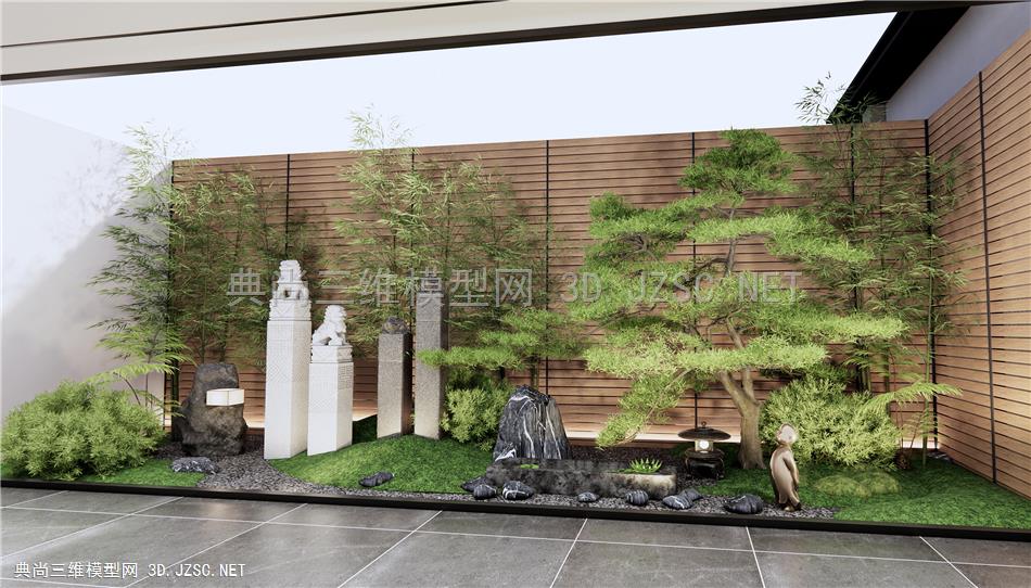 新中式庭院景观小品 天井室内景观 植物景观 假山水景 石头松树小品 灌木绿植 拴马桩 竹子1