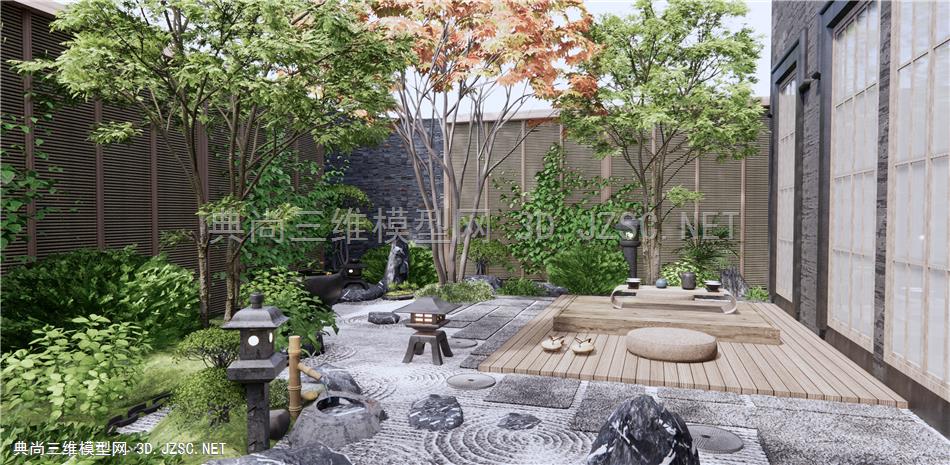 日式庭院花园 枯山水园艺 景观树 植物景观 灌木绿植 景观灯 茶桌椅 茶台 水钵 石头 景石1