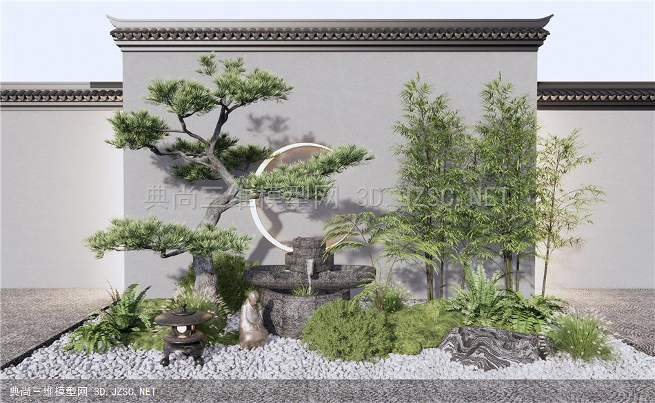 新中式禅意庭院小品 流水水钵小品 庭院园艺景观 松树马头景墙 蕨类植物堆 苔藓石头1