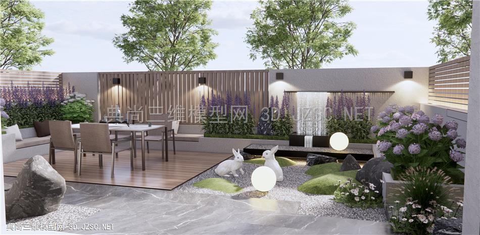 现代庭院花园 流水景墙 户外桌椅 花草植物 花卉 雕塑小品1