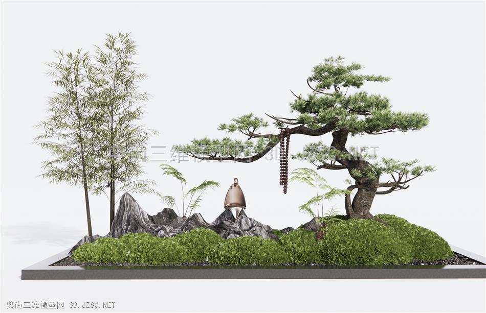 新中式庭院景观小品 苔藓植物 松树 假山石头 竹子1