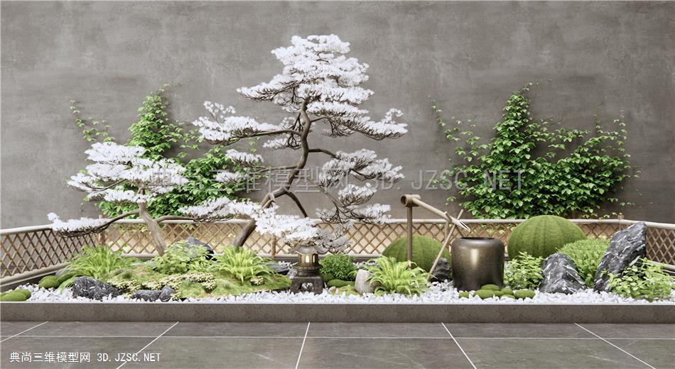 日式庭院景观小品 枯山水 石头 松树 灌木绿植 爬山虎植物1