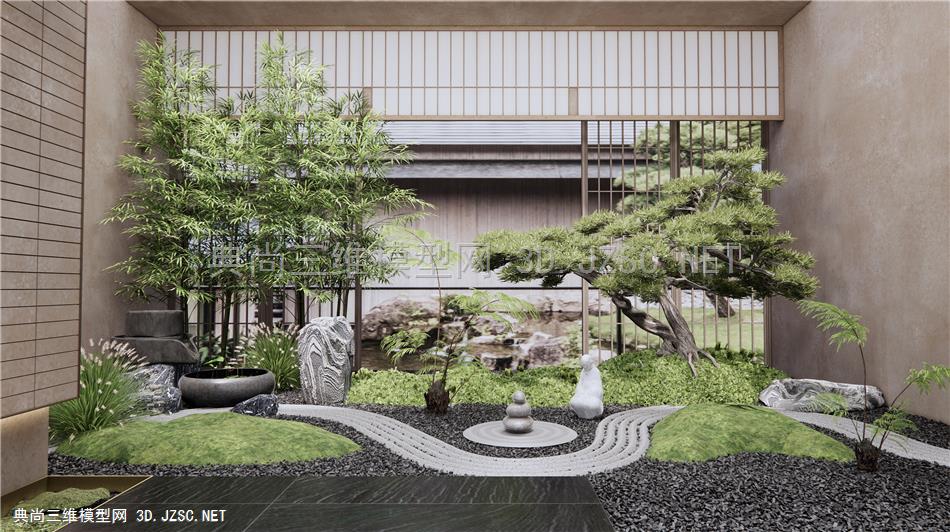 日式庭院景观小品 枯山水 禅意景观 石头 流水小品 松树 苔藓植物 竹子1