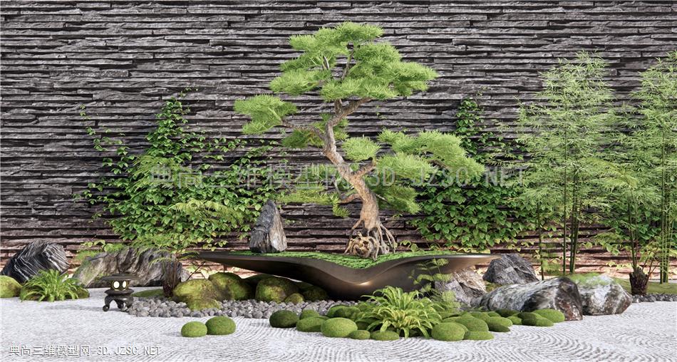 新中式石头松树庭院小品 盆栽盆景 石头 苔藓 景观树 庭院松树 迎客松1