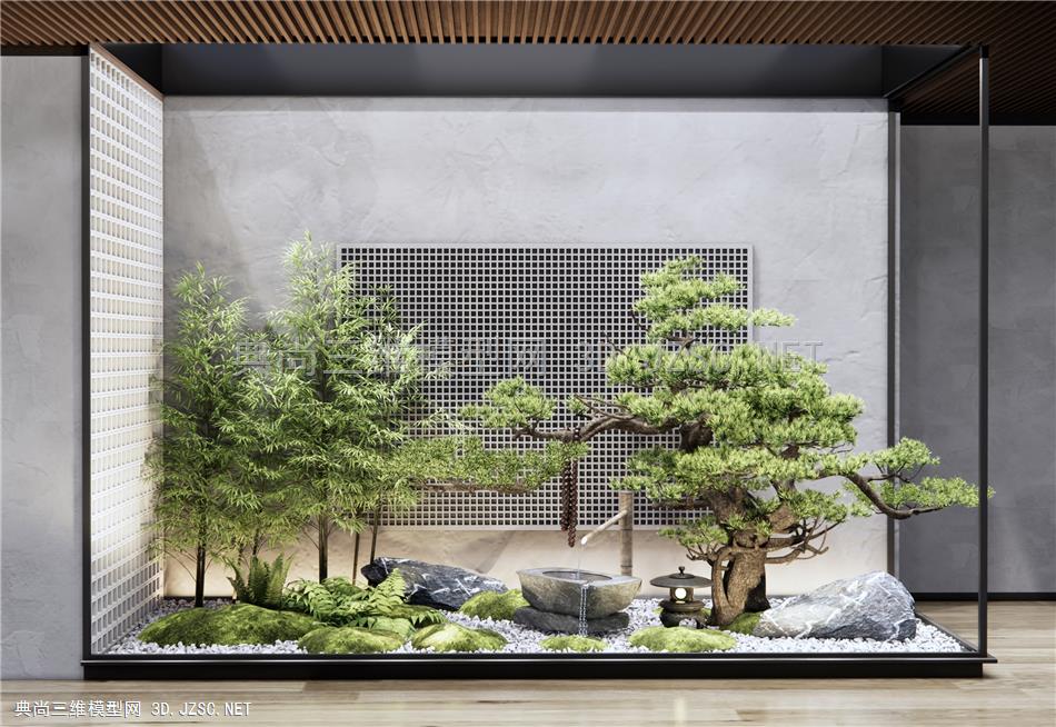 新中式庭院景观小品 石头假山 蕨类植物 水钵流水小品 松树 苔藓植物 竹子1
