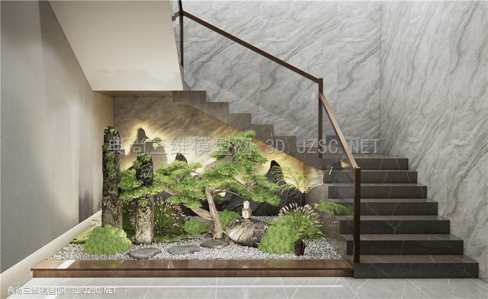 新中式楼梯间景观小品 禅意景观 石头假山 枯石 松树 苔藓植物1