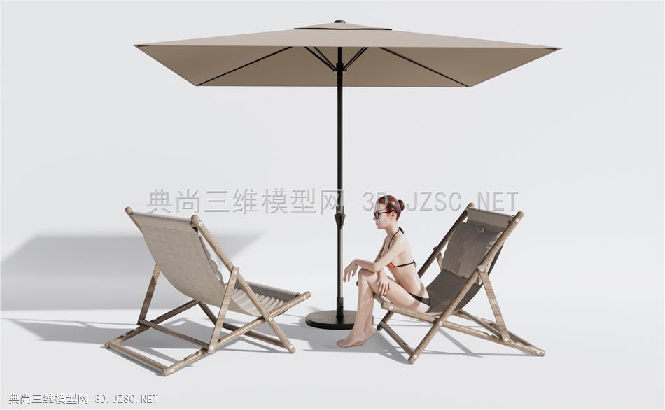 现代沙滩躺椅 比基尼美女 遮阳伞1