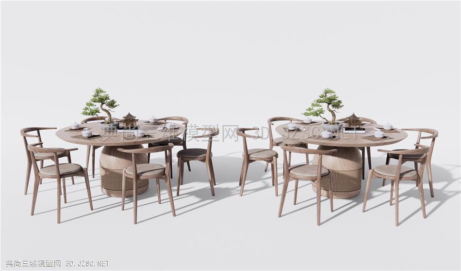 新中式餐桌椅 休闲桌椅 圆形餐桌 休闲椅 松树盆栽1