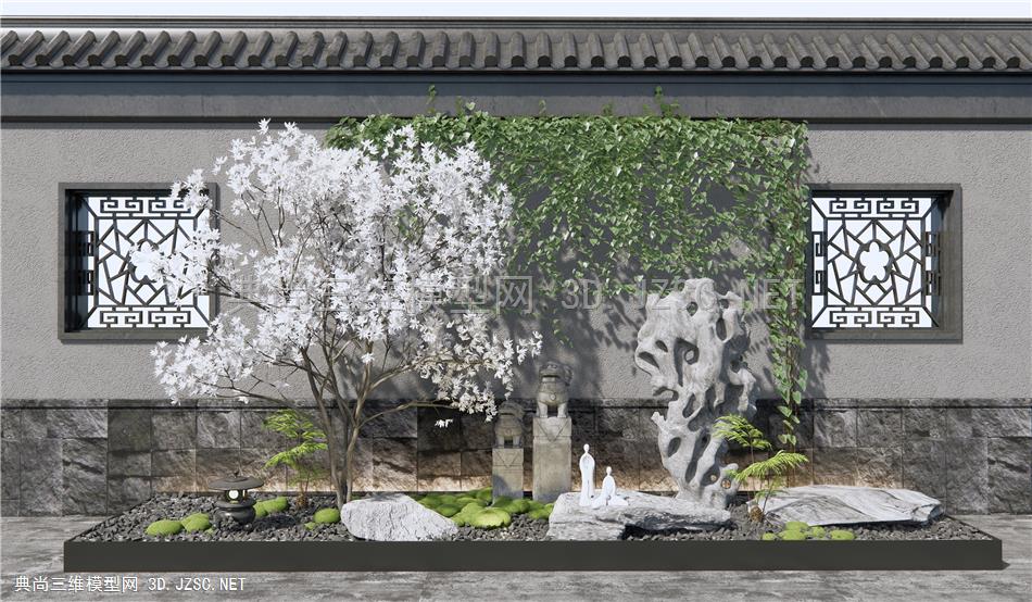 新中式庭院景观小品 禅意景观 石头 景观树 植物景观 苔藓1