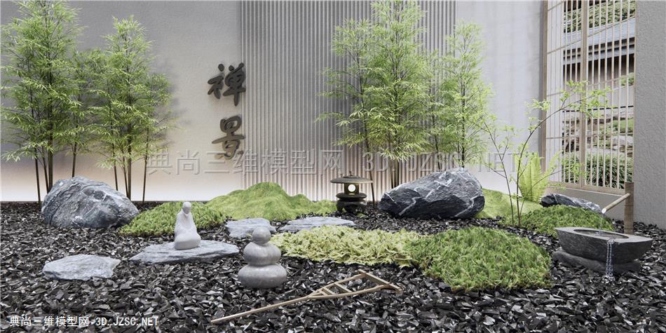 新中式禅意庭院景观小品 枯山水 石头 流水小品 苔藓植物 竹子1