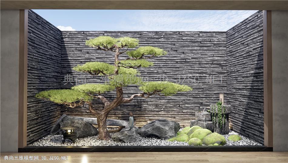 新中式庭院景观小品 石头 景石 松树 枯山石 流水石钵小品 天井景观1