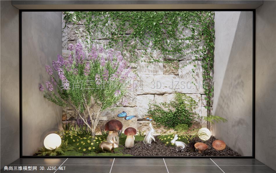 现代中庭庭院小品 天井 爬山虎 蕨类植物堆 青苔 兔子蘑菇 花草 花镜植物1