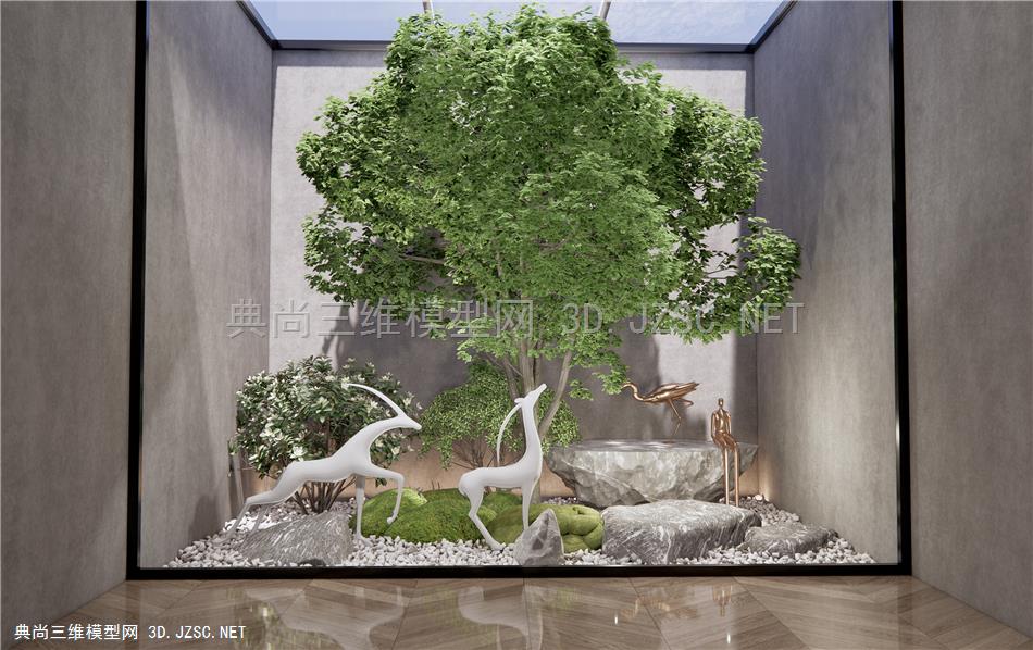 现代庭院景观小品 雕塑小品 景观树 石头 天井植物景观1
