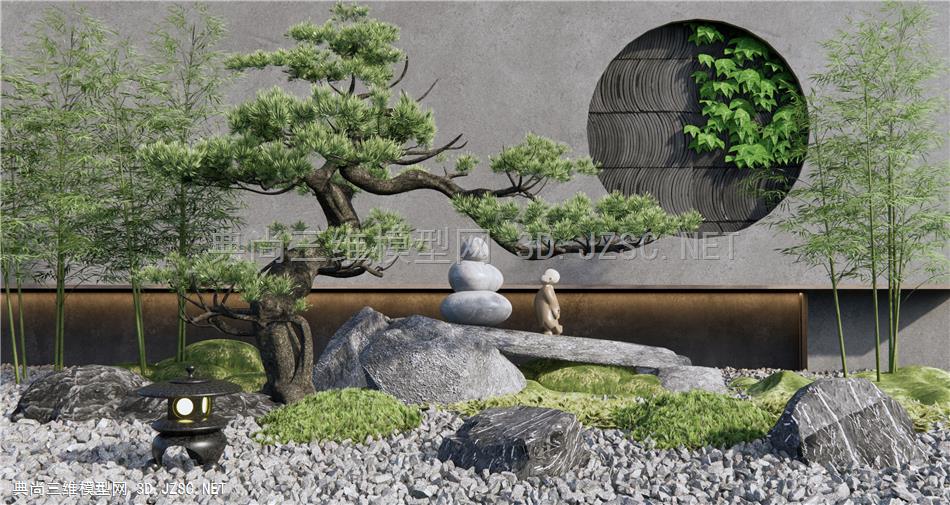 新中式庭院景观小品 园艺小品 石头 石墩 松树 禅意景观小品 假山竹子1