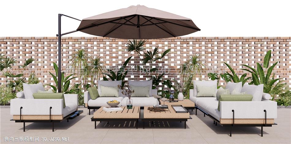 现代户外休闲沙发 沙发茶几组合 庭院绿植 植物花园景观 灌木 太阳伞  