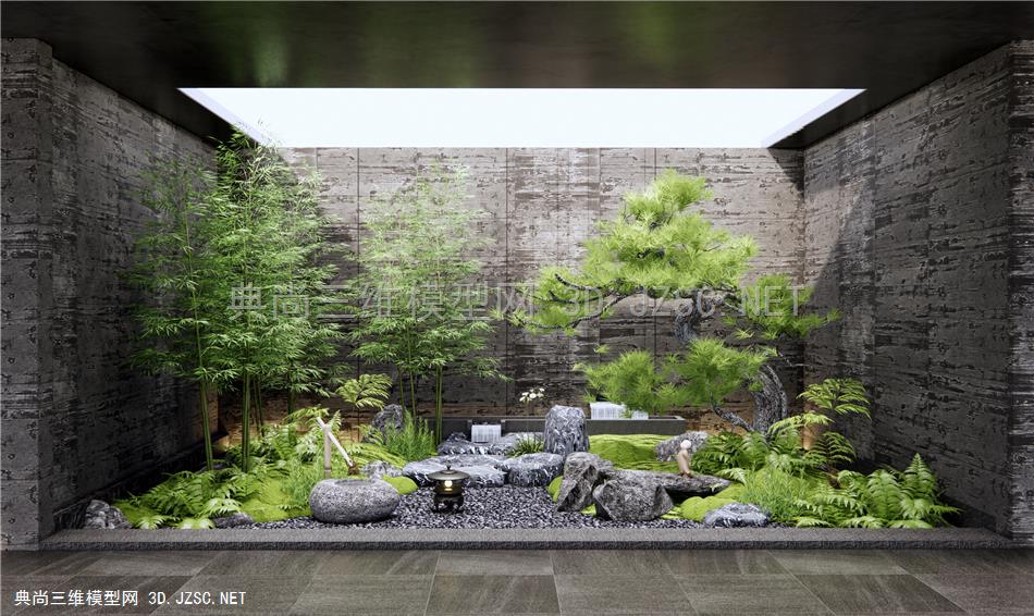 新中式枯山水庭院小品 假山水景 跌水景观 石头 景观石 松树 竹子 水钵 蕨类植物景观