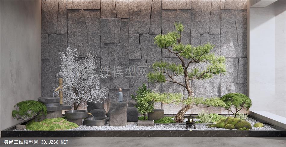 新中式庭院景观小品 室内景石松树景观 跌水小品 苔藓 植物景观 景墙石墙1