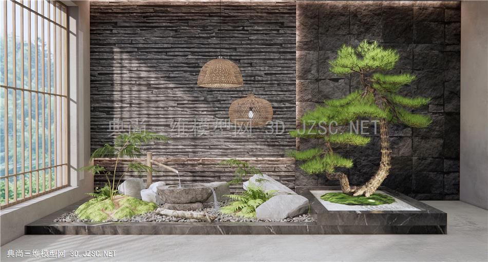 新中式室内景观小品 松树景石庭院小品 景观植物 蕨类植物 藤编吊灯1