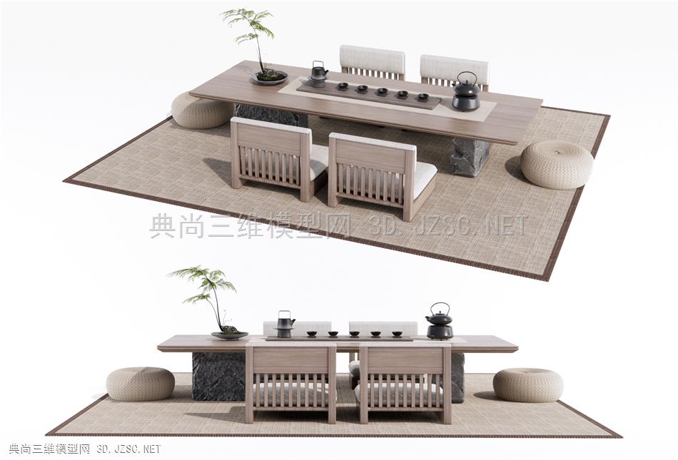 新中式榻榻米茶桌椅 茶具 坐垫 蕨类植物盆栽1