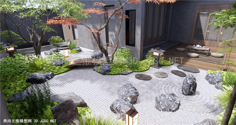 新中式居家庭院花园 枯山水 景观树 枫树 花草植物景观 石头 景观石 茶桌椅1