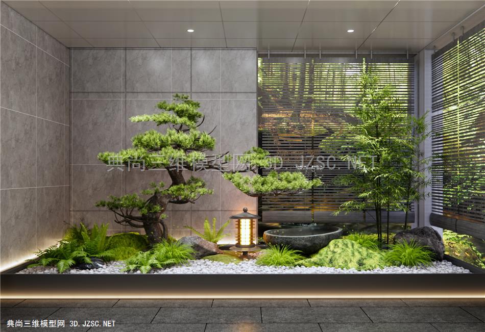 新中式室内景观造景 禅意庭院景观小品 水钵 造型松树 植物景观 竹子 蕨类植物1