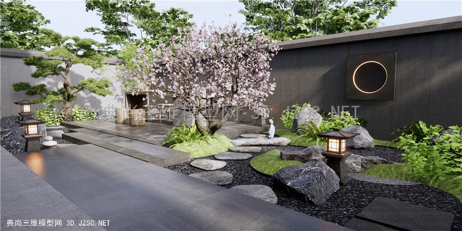 日式居家庭院花园 枯山水 石头 水钵 茶桌椅 汀步 樱花树 松树