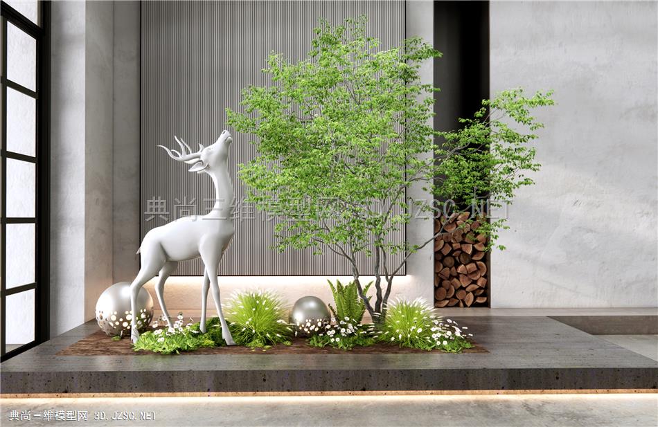 现代室内植物景观小品 灌木绿植景观 植物堆 麋鹿雕塑 景观灯 木柴堆1
