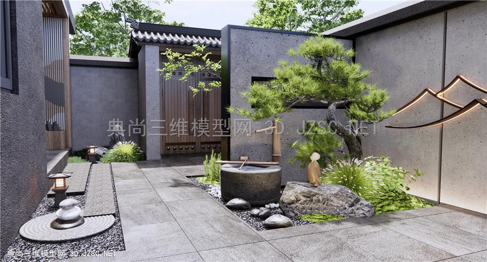 新中式居家庭院 水钵松树小品 景墙 茶桌椅 庭院入口大门 汀步 石头景观石