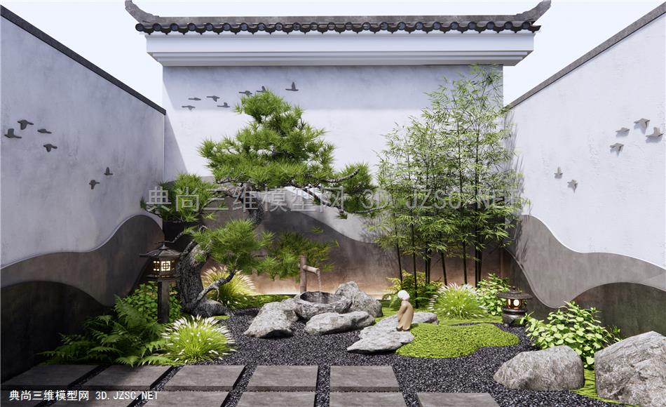 新中式庭院景观造景 造型松树 景墙 水钵 景观石 竹子 枯山水景观1
